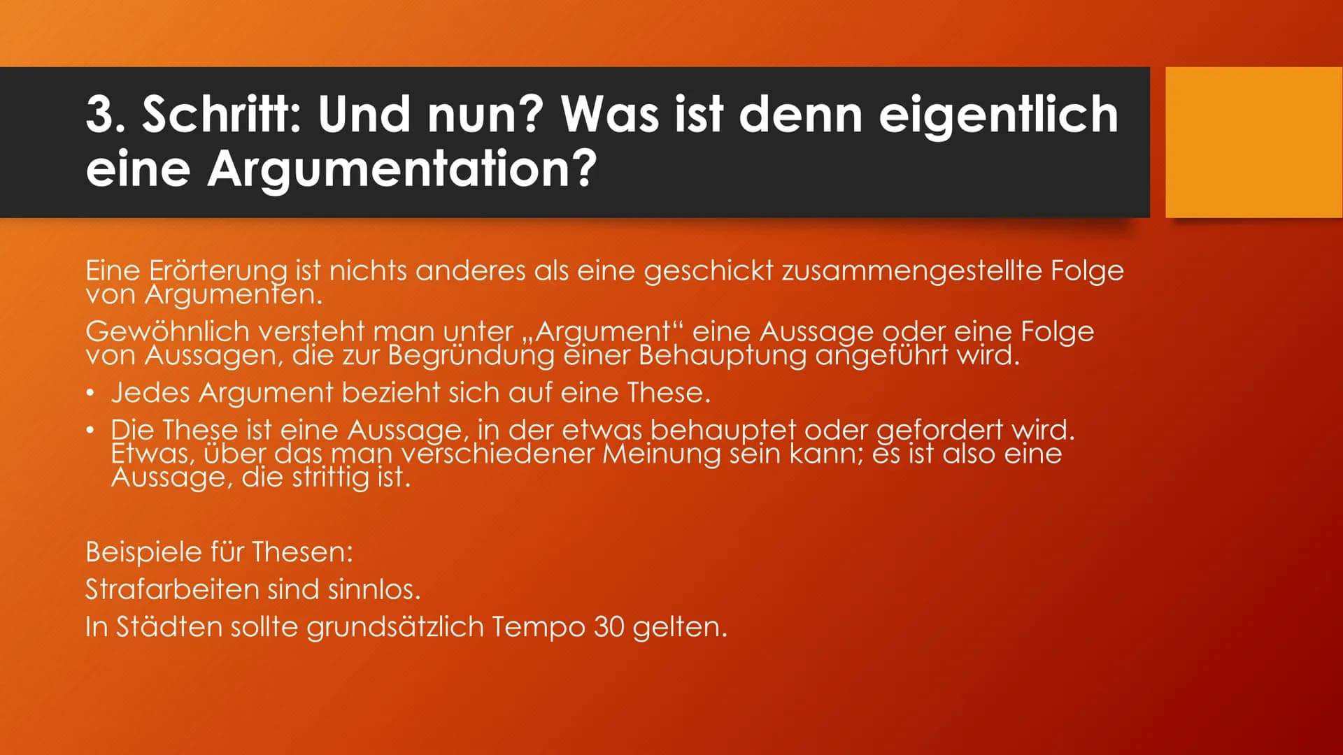 Argumentieren und
Erörtern
Sanduhrprinzip 1. Schritt: Das Thema erschließen
●
Worum geht es überhaupt?
Verstehe ich, was gemeint ist, was da