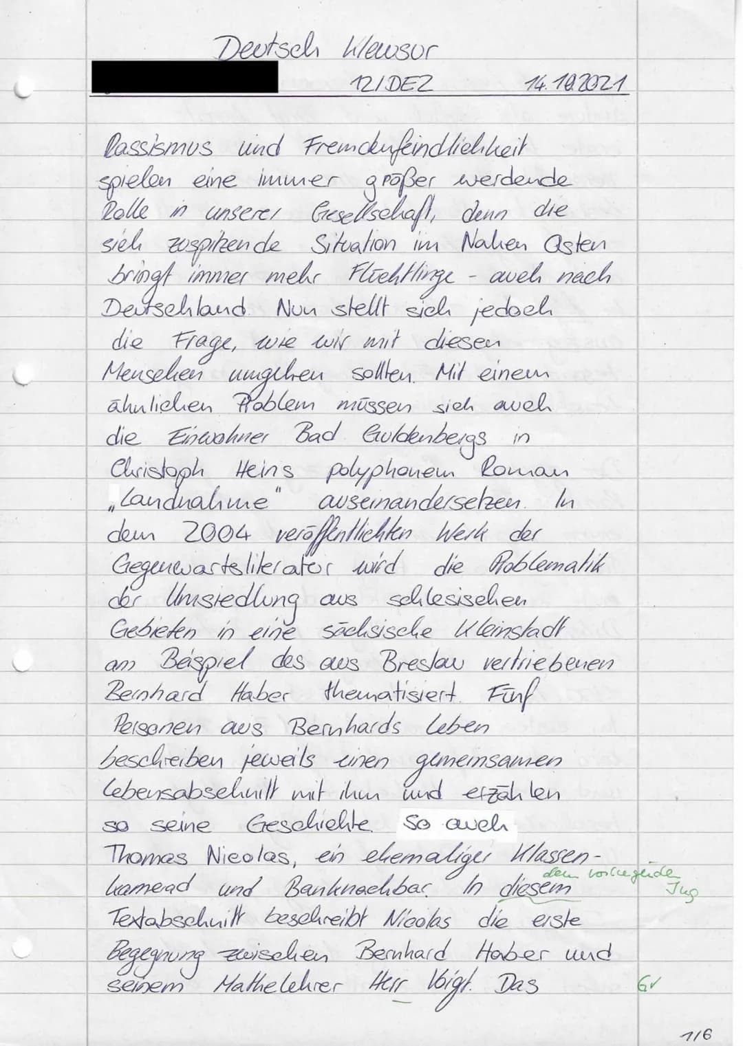 1. Klausur- Leistungskurs Deutsch - 12/1
Name:
Thema: Christoph Hein - Landnahme
14.10.21
Erlaubtes Hilfsmittel: Wörterbuch der deutschen Re