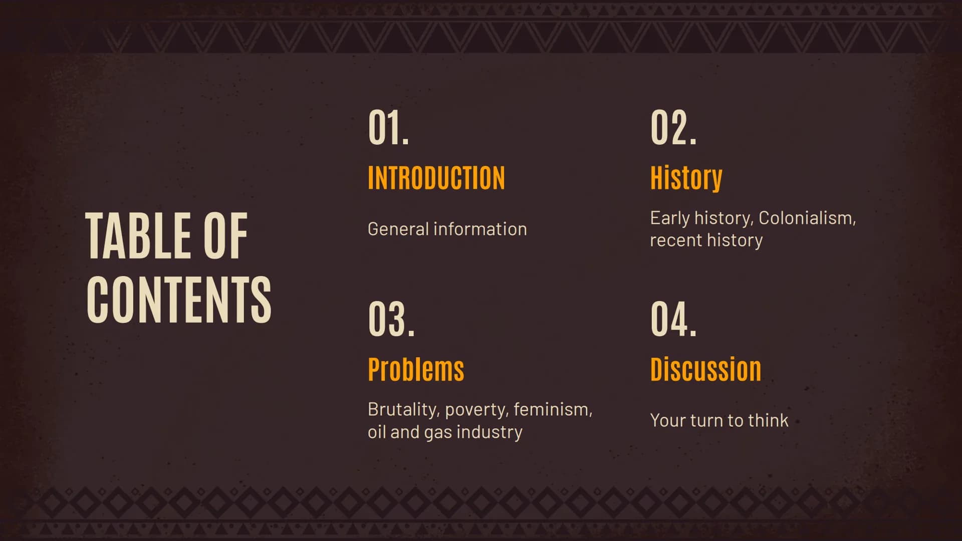Nigeria
Revision
Alena, TABLE OF
CONTENTS
01.
INTRODUCTION
General information
03.
Problems
Brutality, poverty, feminism,
oil and gas indust