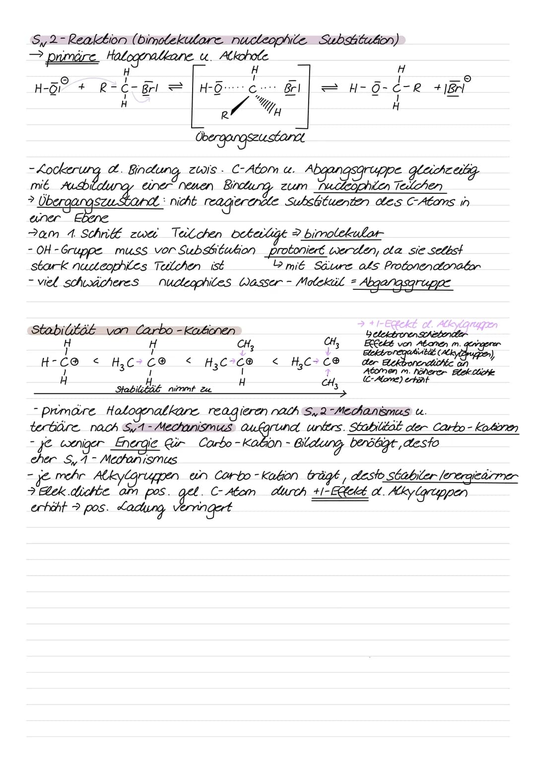 Nucleophile Substitution
Reaktion Halogenalkan mit OH-Jonen → Entstehung Alkohol
Halogen- At om durch OH-Gruppe ersetzt; OH-Gruppe greift
nu