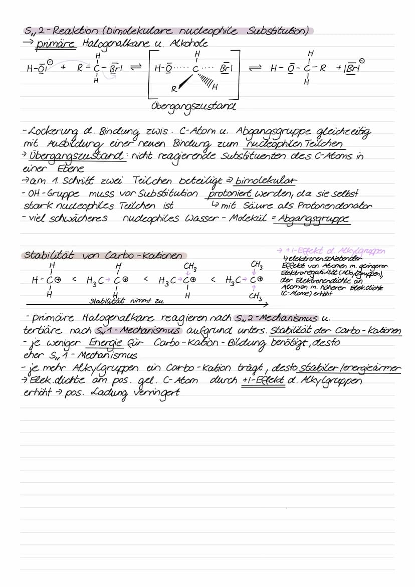 Nucleophile Substitution
Reaktion Halogenalkan mit OH-Jonen → Entstehung Alkohol
Halogen- At om durch OH-Gruppe ersetzt; OH-Gruppe greift
nu
