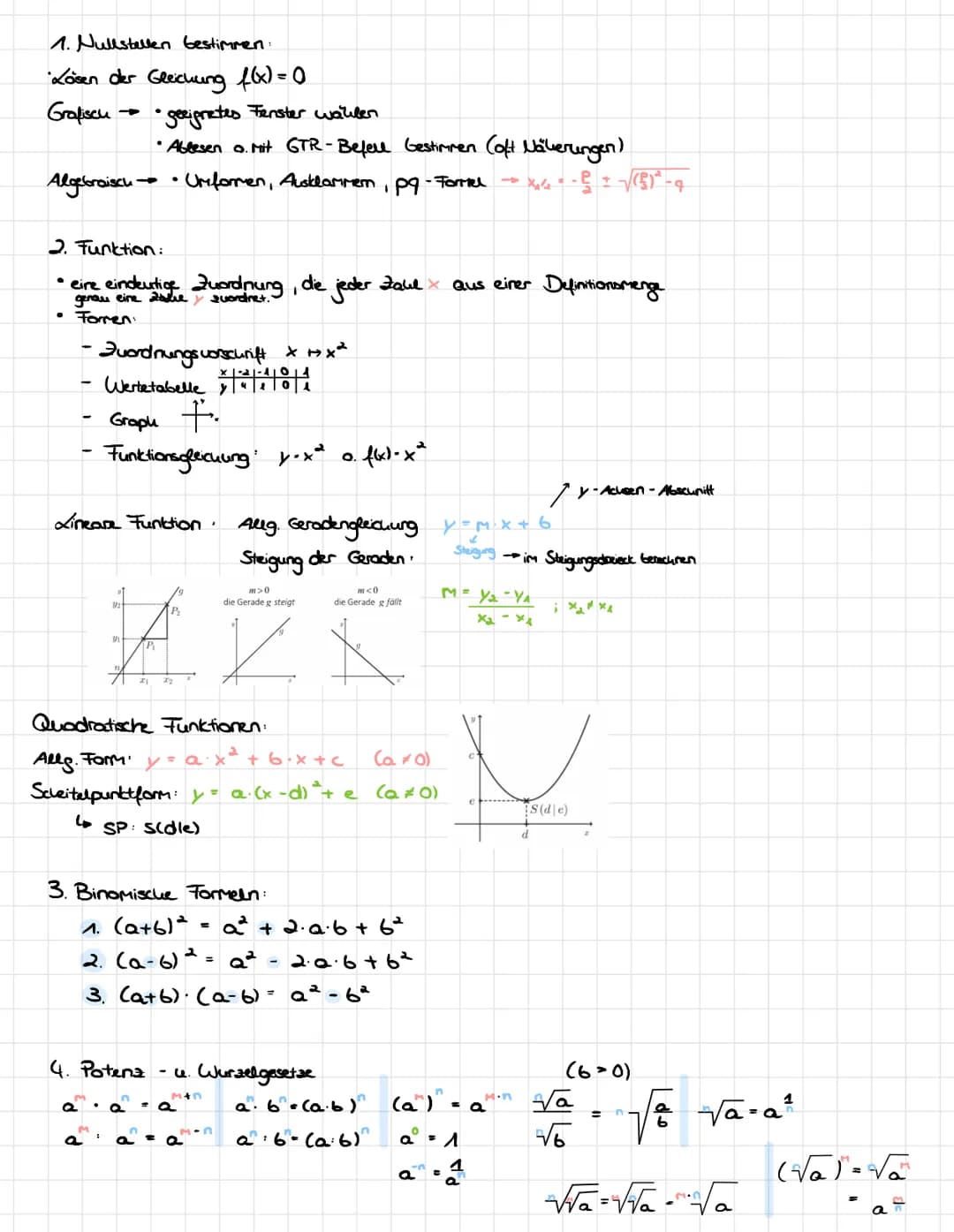 1. Nullstellen bestimmen:
Lösen der Gleichung f(x) = 0
Grafiscu
Algebraisch • Umformen, Ausklammern, pq - Formel
●
-
2. Funktion:
eine einde