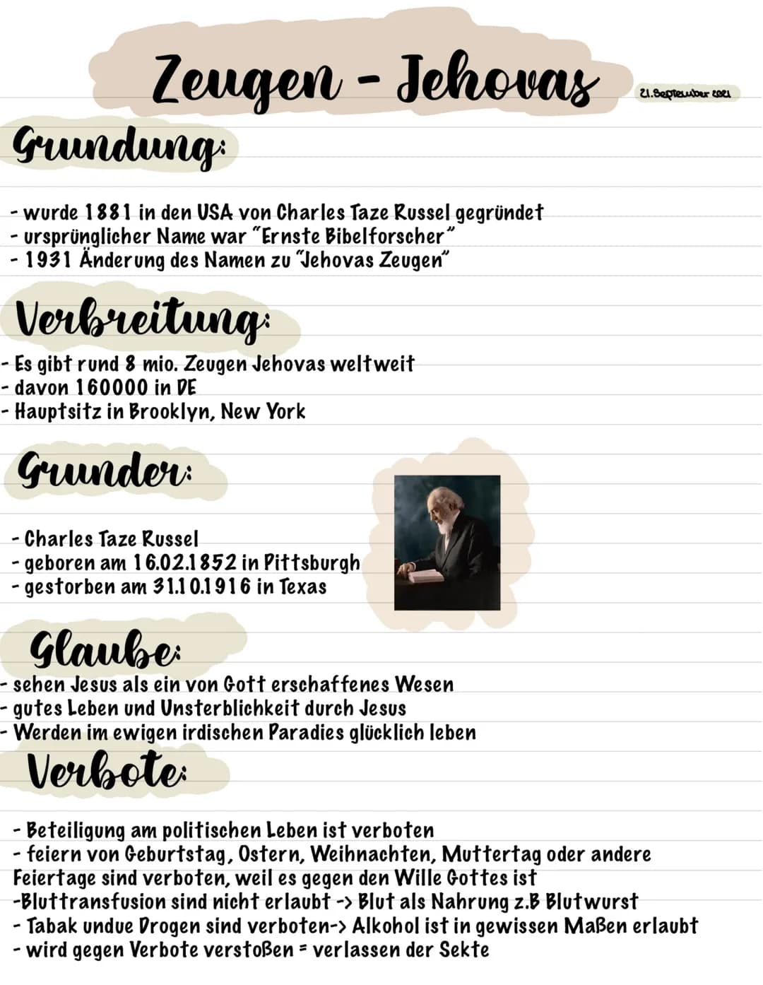 Zeugen - Jehovas
Grundung:
- wurde 1881 in den USA von Charles Taze Russel gegründet
- ursprünglicher Name war "Ernste Bibelforscher"
- 1931
