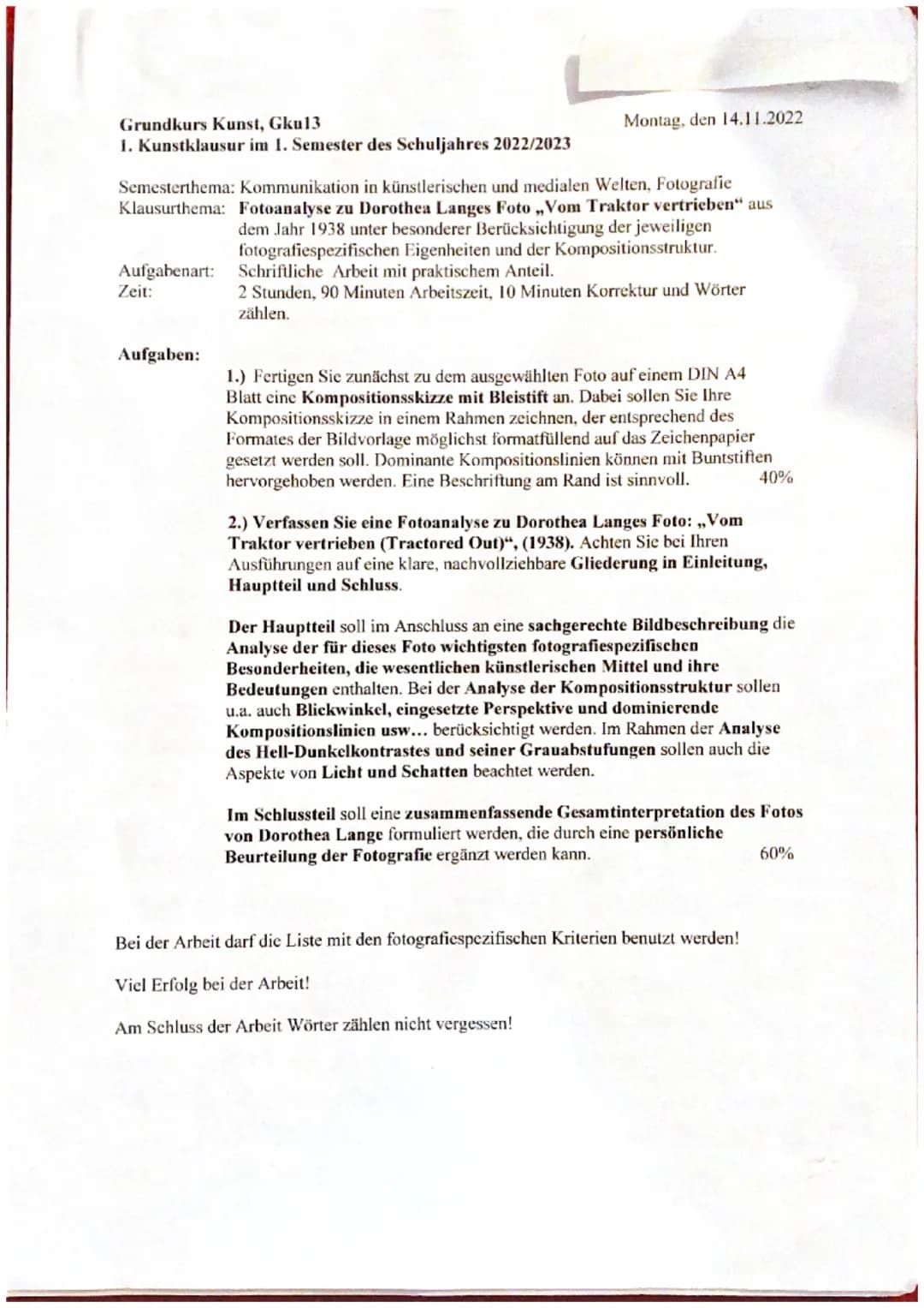 Grundkurs Kunst, Gku13
1. Kunstklausur im 1. Semester des Schuljahres 2022/2023
Semesterthema: Kommunikation in künstlerischen und medialen 