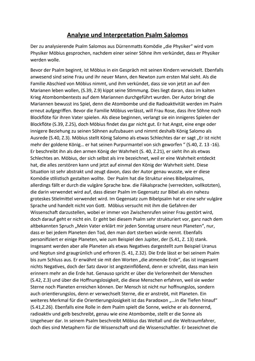 Analyse und Interpretation Psalm Salomos
Der zu analysierende Psalm Salomos aus Dürrenmatts Komödie ,,die Physiker" wird vom
Physiker Möbius