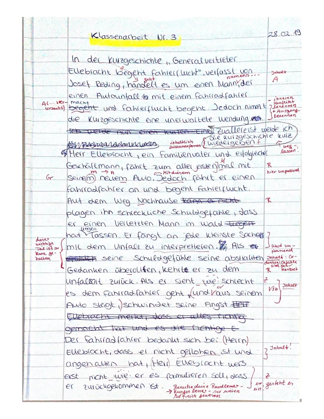 C
Bewertungsschema zur Klassenarbeit Nr. 3/ Deutsch EK
Name: Michelle K.
Thema: Analyse der Kurzgeschichte Generalvertreter Ellebracht begeh