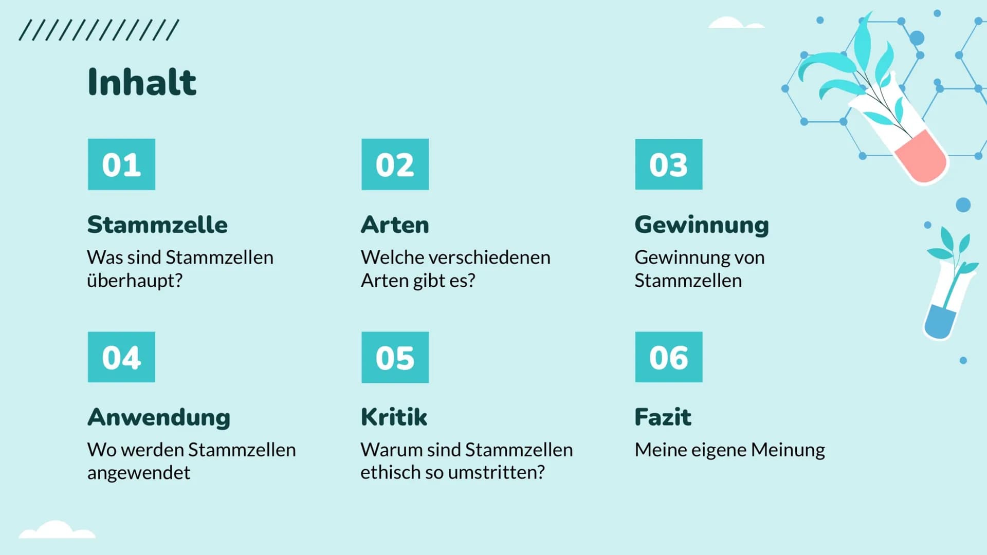 Wochenbericht
Stammzellen //// Inhalt
01
Stammzelle
Was sind Stammzellen
überhaupt?
04
Anwendung
Wo werden Stammzellen
angewendet
02
Arten
W