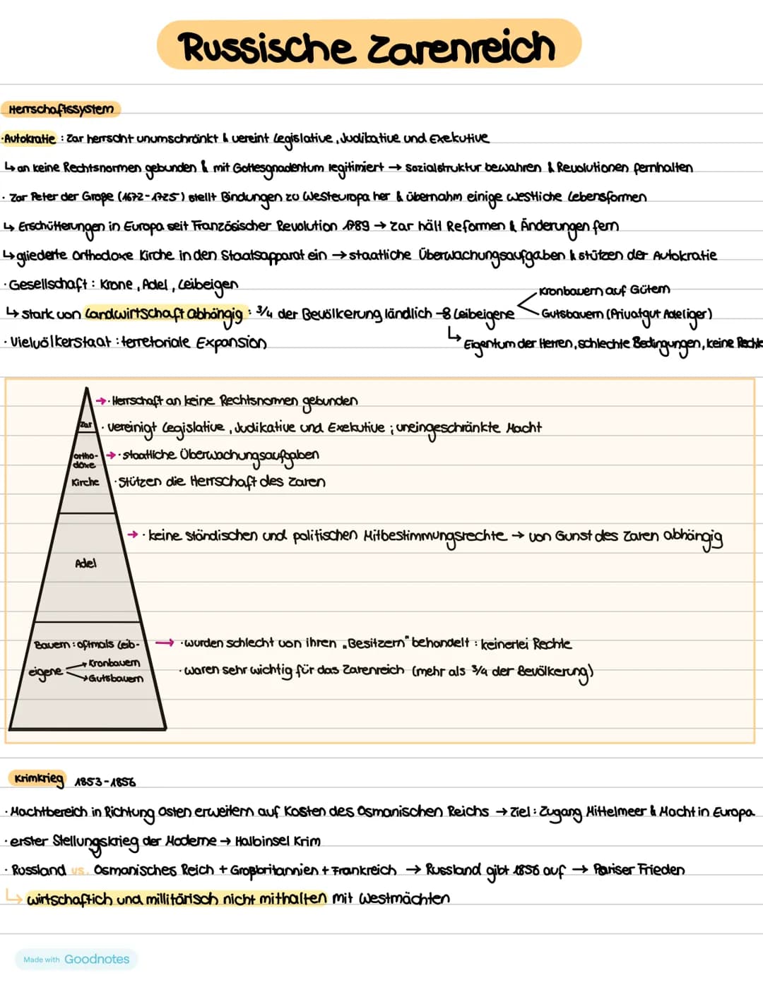 Herrschaftssystem
· Autokratie : Zar herrscht unumschränkt & vereint Legislative, Judikative und Exekutive
↳ an keine Rechtsnormen gebunden 
