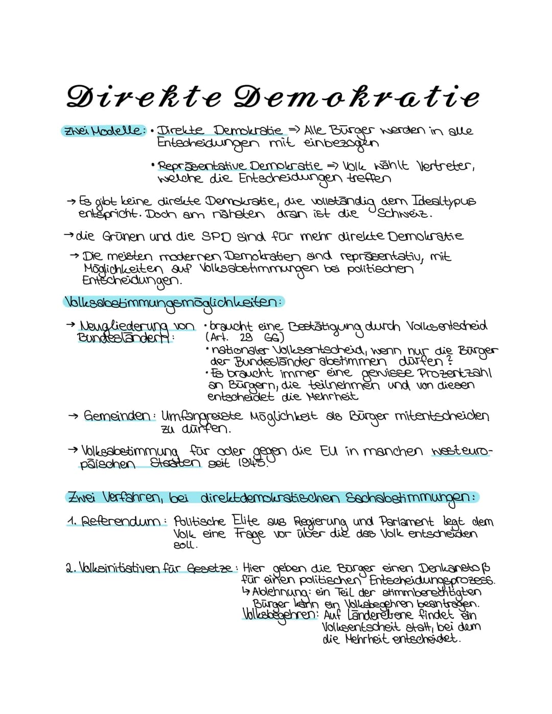 Direkte Demokratie
Zwei Modelle: Direkte Demokratie => Alle Burger werden in alle
Entscheidungen mit einbezogen
• Repräsentative Demokratie 