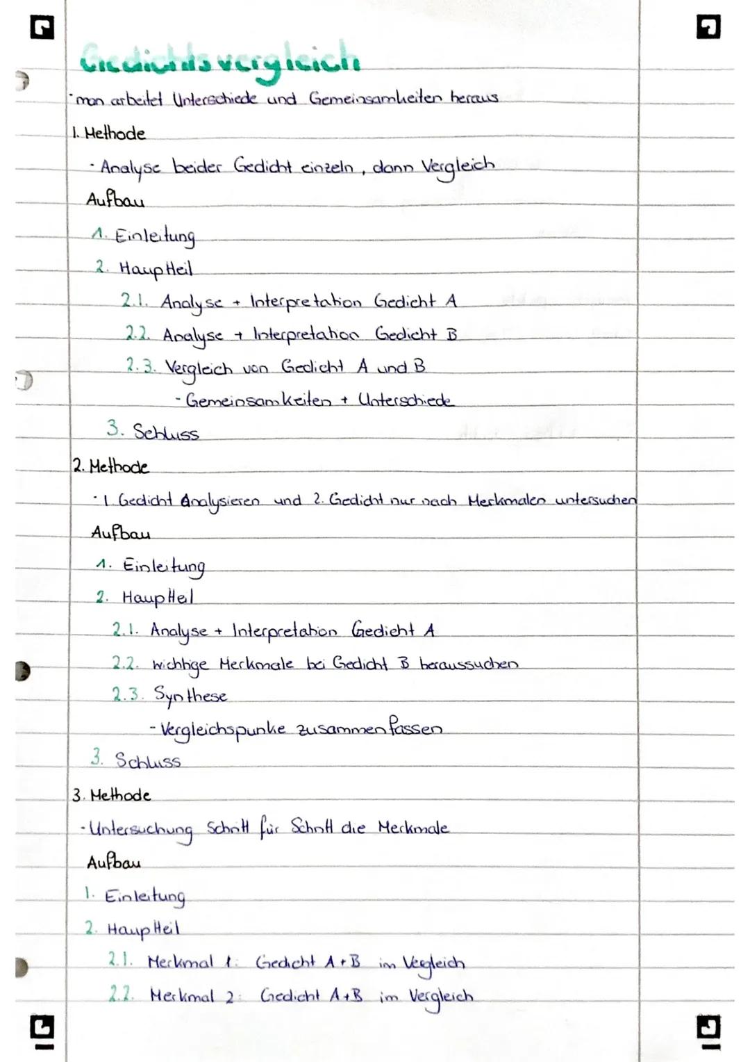 # Gedichtsvergleich

"man arbeitet Unterschiede und Gemeinsamkeiten heraus.

1. Hethode

•Analyse beider Gedicht einzeln, dann Vergleich

Au