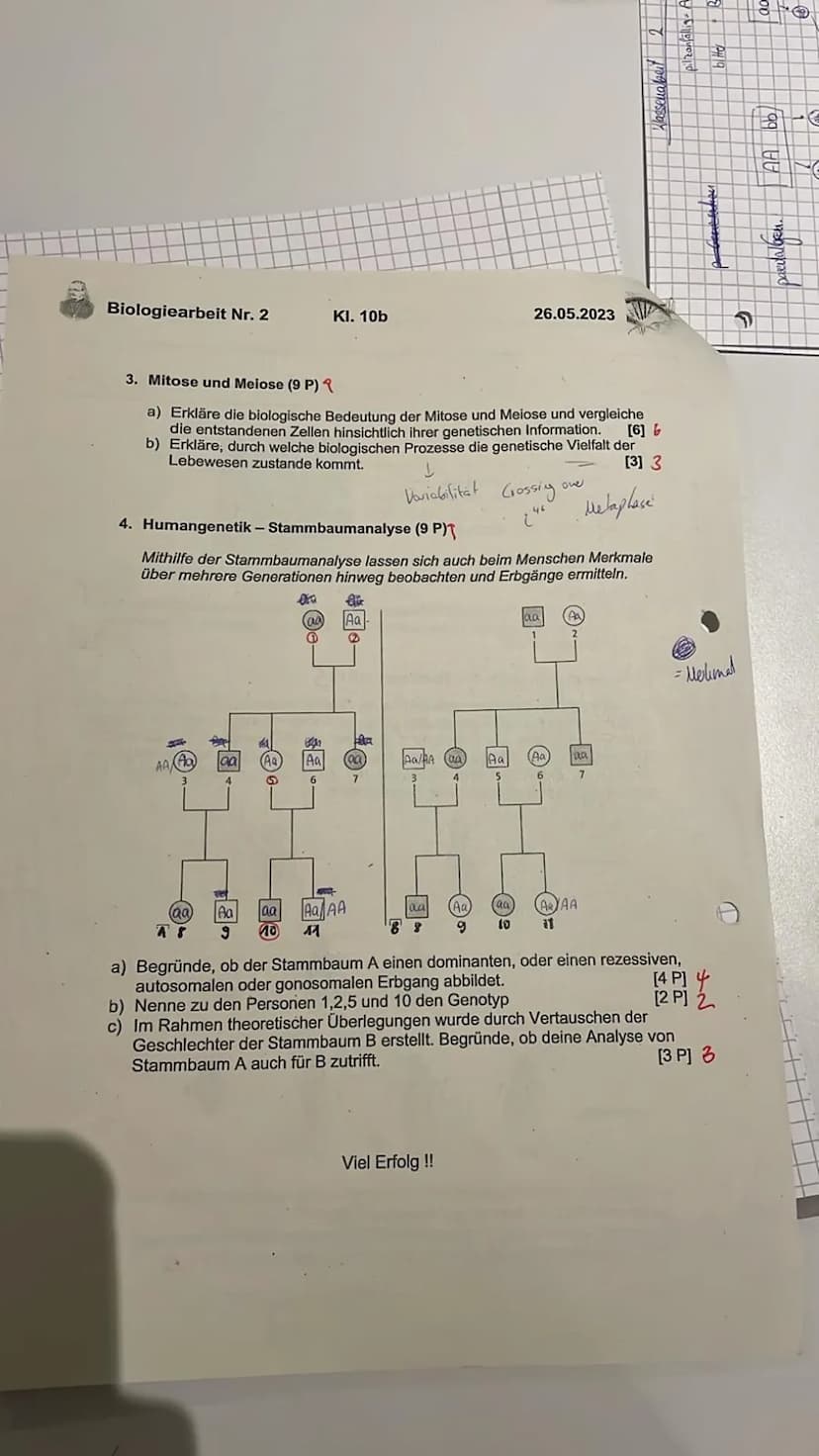 Biologiearbeit Nr. 2
Kl. 10b
Name: Eva
Pflane 1:
26.05.2023
Punkte: 32/38
Note: 1-2
m: 1
1. Züchtung von Rebsorten (9 P) a
Ein Winzer hat ei