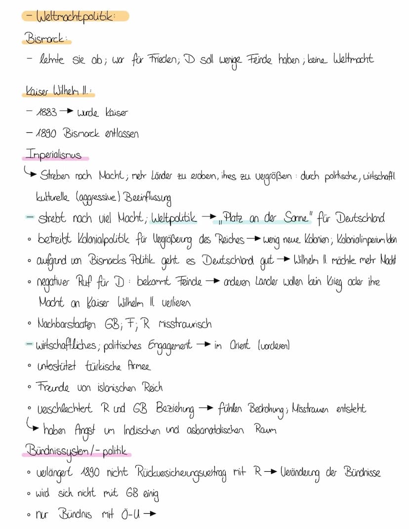 Außenpolitik
- S. 3.12
-Weltpolitik
-
Geschichte-Lernzettel
des deutschen Kaiserreichs
M4
S. 307-310
- Unterschied Politis Bismarck und Kais