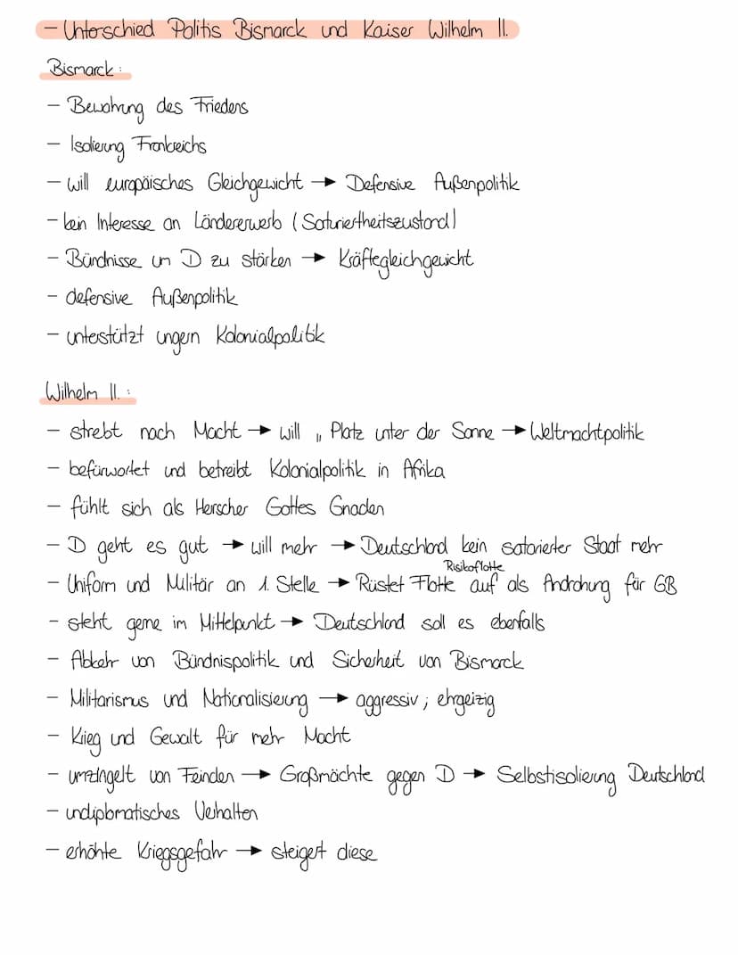 Außenpolitik
- S. 3.12
-Weltpolitik
-
Geschichte-Lernzettel
des deutschen Kaiserreichs
M4
S. 307-310
- Unterschied Politis Bismarck und Kais