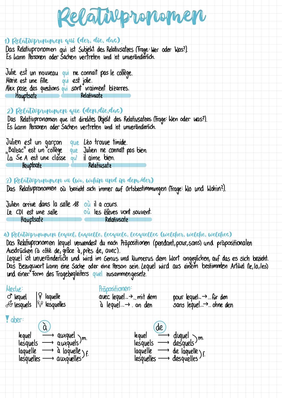 # Relativpronomen

1) Relativpronomen qui (der, die, das).
Das Relativpronomen qui ist Subjekt des Relativsatzes (Frage: Wer oder Was?).
Es 