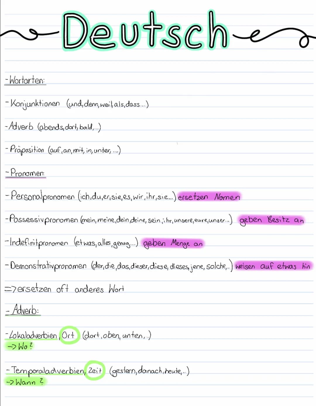 ~Deutscher
-Wortarten:
-Konjunktionen (und, denn, weil, als, dass....)
-Adverb (abends, dort, bald,.,...).
-Präposition (auf an, mit, in, un