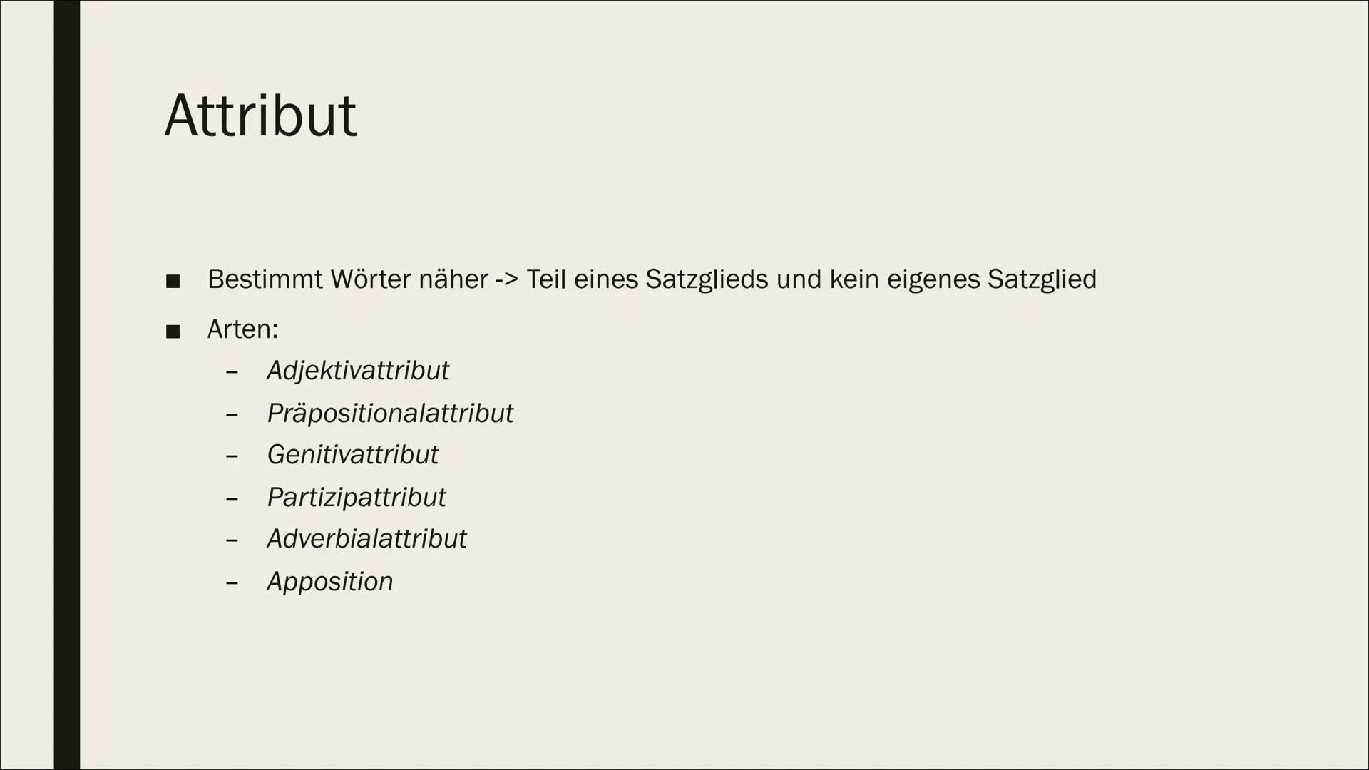 SATZGLIEDER Inhalt
■ Subjekt
Prädikat
Objekt
Adverbiale Bestimmung
Attribut Subjekt
Sagt aus wer oder was etwas tut
Ist entweder
ein Nomen
-