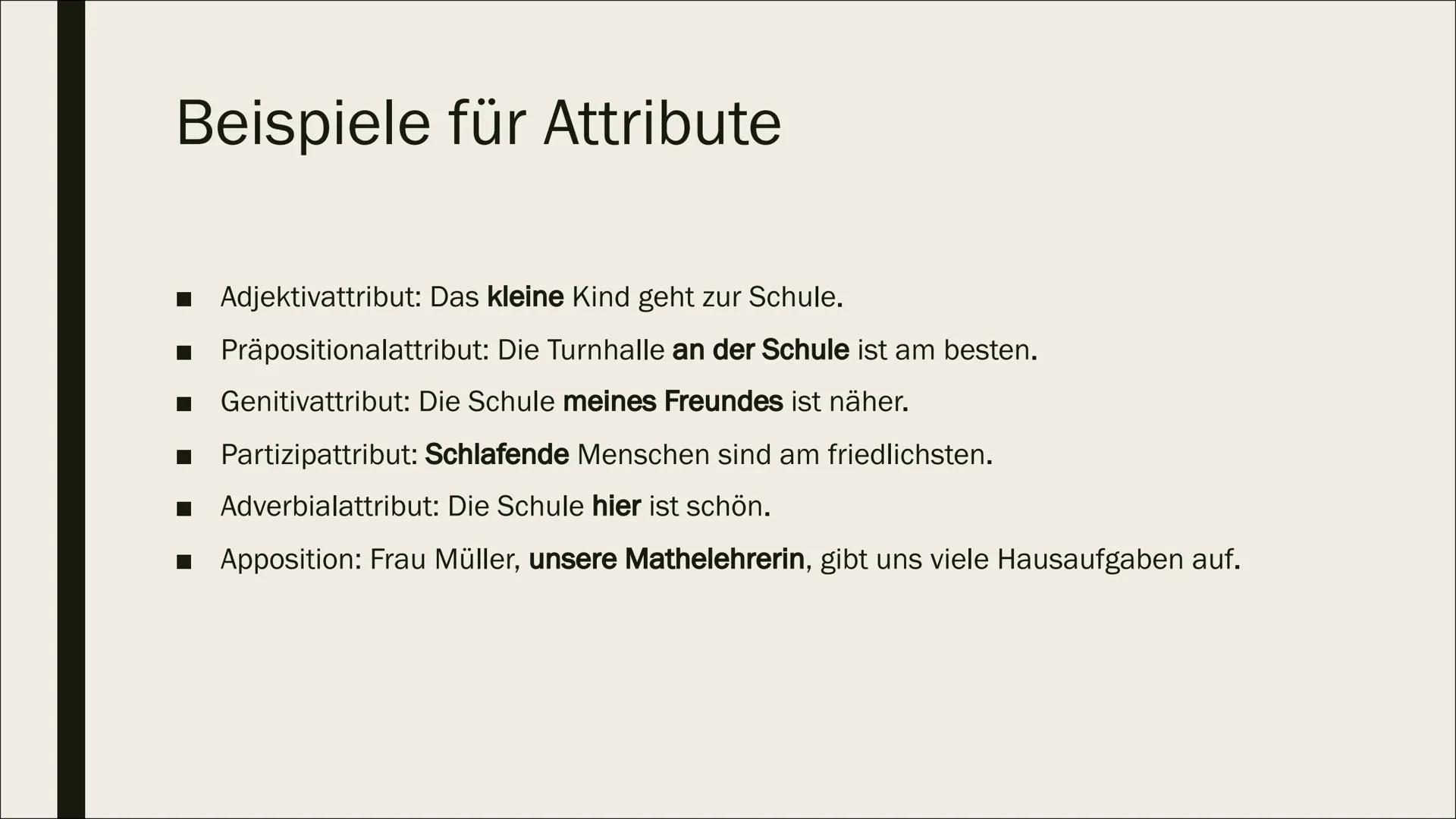 SATZGLIEDER Inhalt
■ Subjekt
Prädikat
Objekt
Adverbiale Bestimmung
Attribut Subjekt
Sagt aus wer oder was etwas tut
Ist entweder
ein Nomen
-