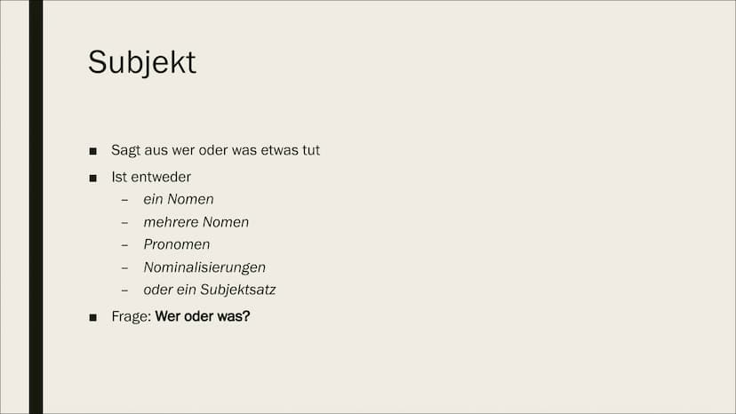 SATZGLIEDER Inhalt
■ Subjekt
Prädikat
Objekt
Adverbiale Bestimmung
Attribut Subjekt
Sagt aus wer oder was etwas tut
Ist entweder
ein Nomen
-