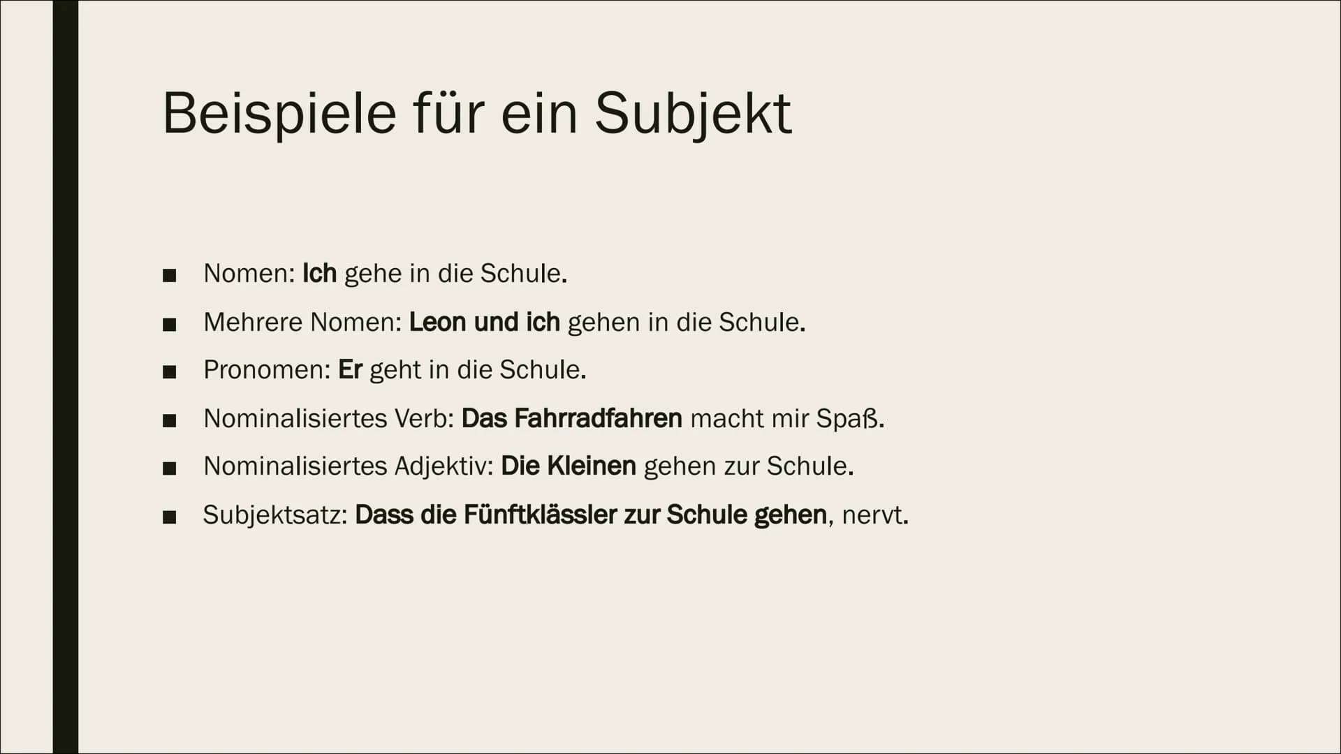 SATZGLIEDER Inhalt
■ Subjekt
Prädikat
Objekt
Adverbiale Bestimmung
Attribut Subjekt
Sagt aus wer oder was etwas tut
Ist entweder
ein Nomen
-