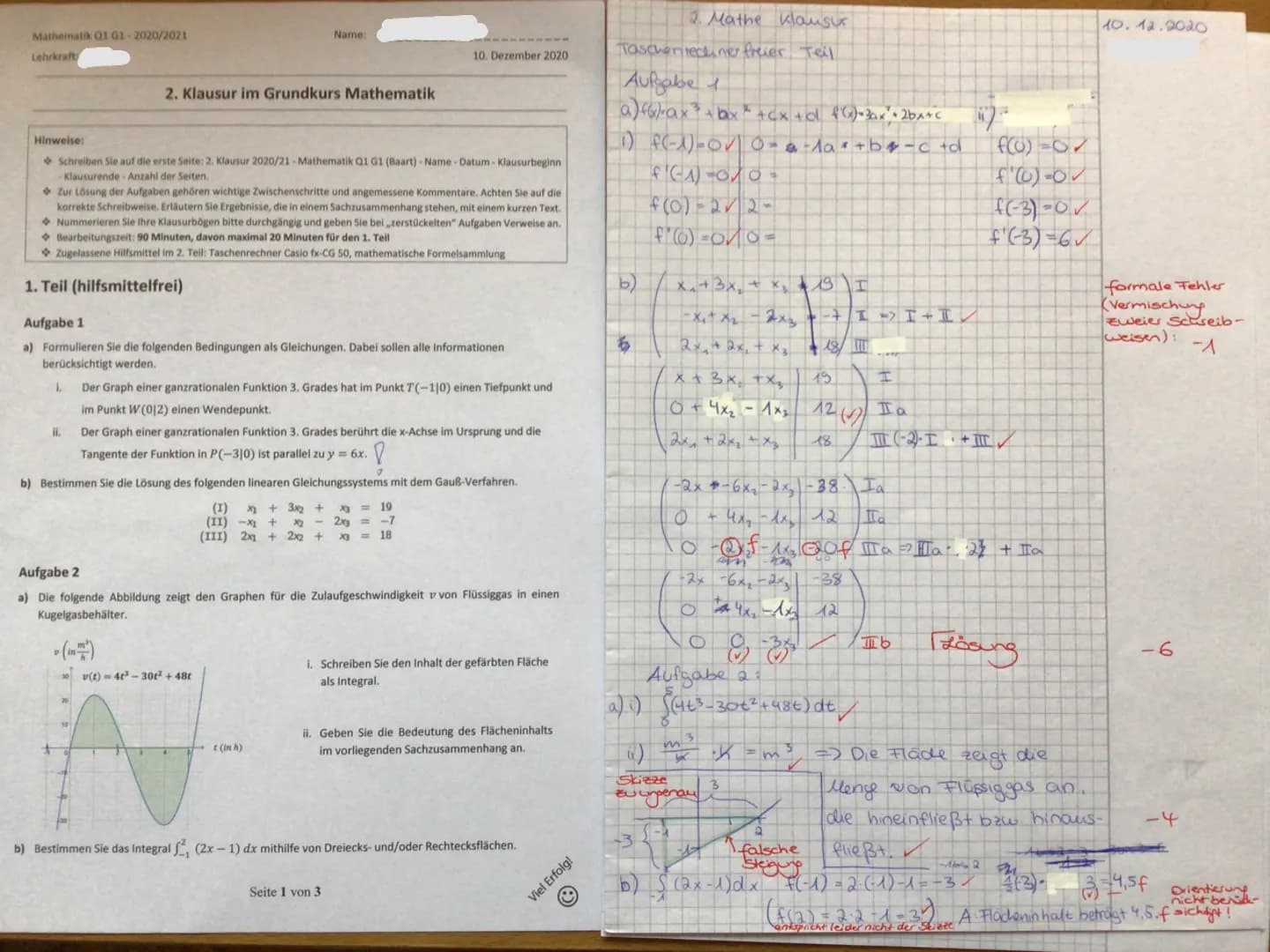 Mathematik Q1 G1-2020/2021
Lehrkraft
Hinweise:
2. Klausur im Grundkurs Mathematik
Name:
Schreiben Sie auf die erste Seite: 2. Klausur 2020/2