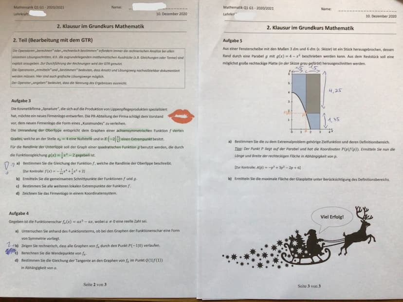 Mathematik Q1 G1-2020/2021
Lehrkraft
Hinweise:
2. Klausur im Grundkurs Mathematik
Name:
Schreiben Sie auf die erste Seite: 2. Klausur 2020/2