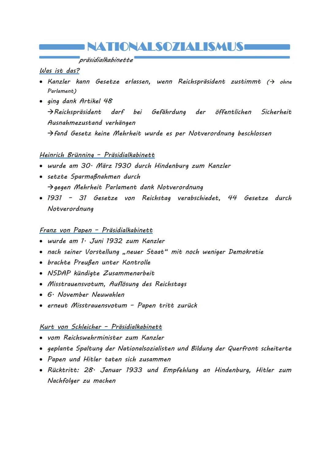 NATIONALSOZIALISMUS
Was ist das?
• Kanzler kann Gesetze erlassen, wenn Reichspräsident zustimmt (ohne
Parlament)
präsidialkabinette
• ging d