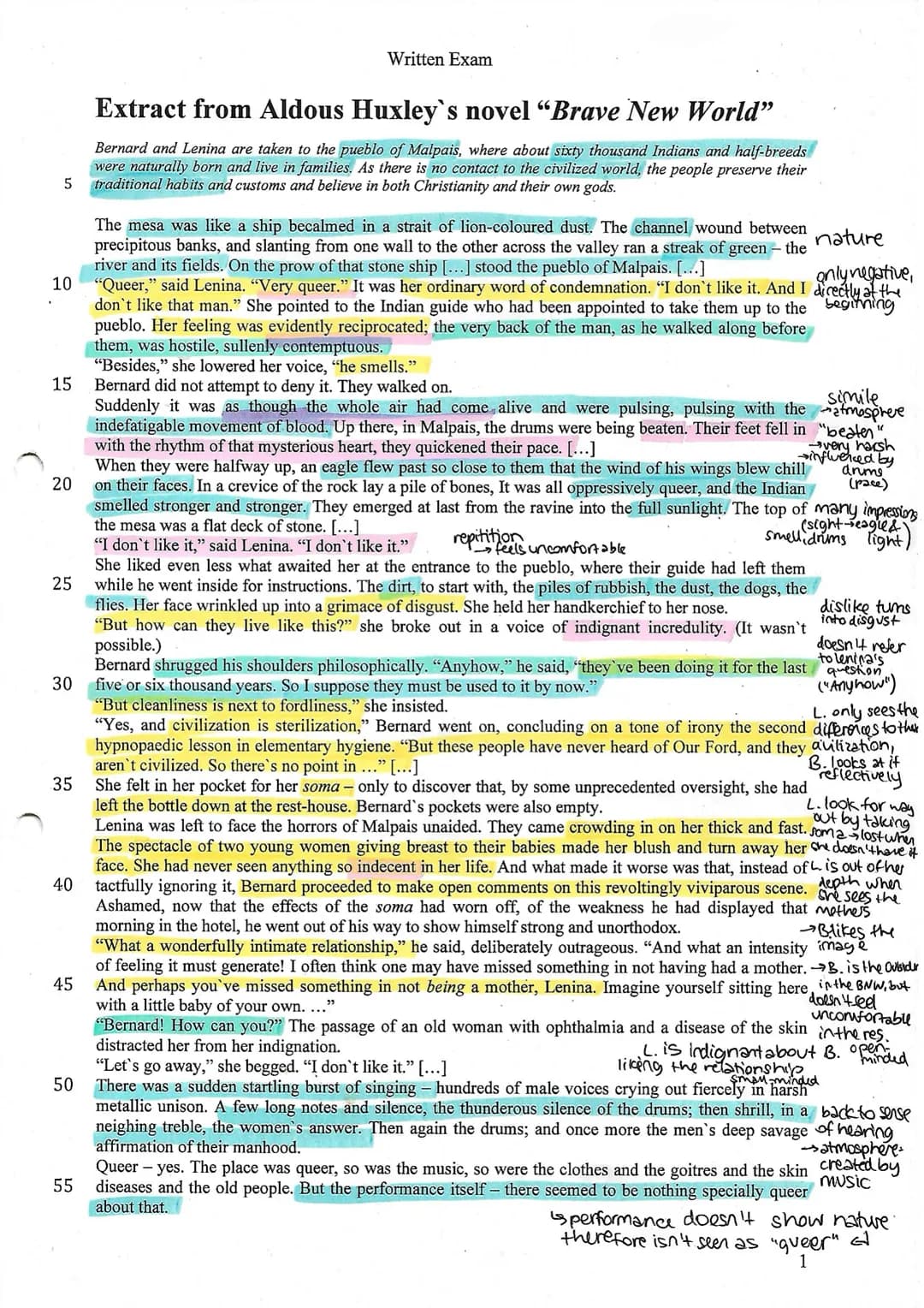 5
10
15
20
25
30
35
40
45
50
55
Written Exam
Extract from Aldous Huxley's novel "Brave New World"
Bernard and Lenina are taken to the pueblo