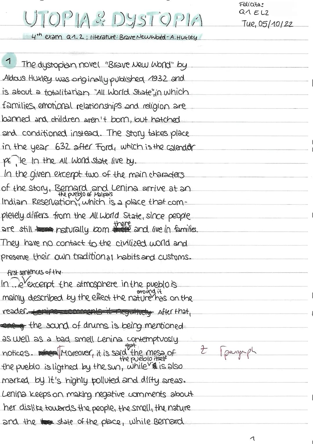 5
10
15
20
25
30
35
40
45
50
55
Written Exam
Extract from Aldous Huxley's novel "Brave New World"
Bernard and Lenina are taken to the pueblo
