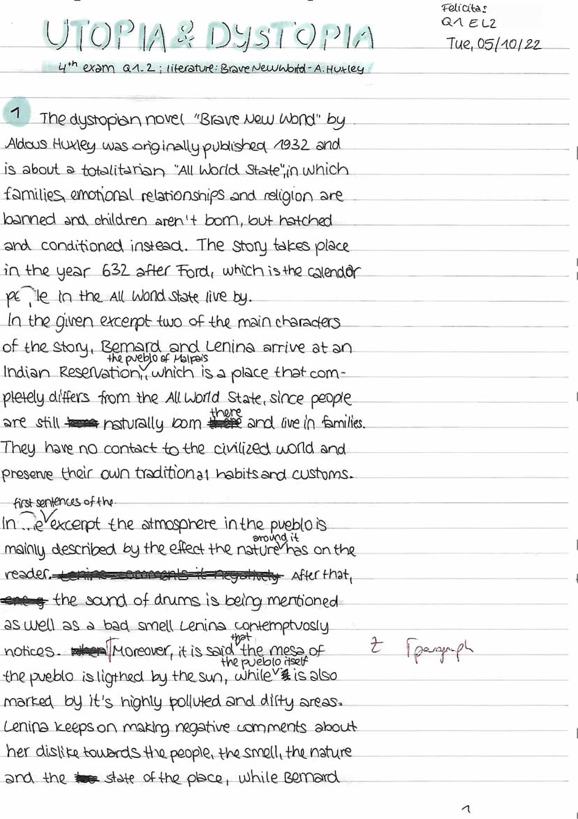 5
10
15
20
25
30
35
40
45
50
55
Written Exam
Extract from Aldous Huxley's novel "Brave New World"
Bernard and Lenina are taken to the pueblo