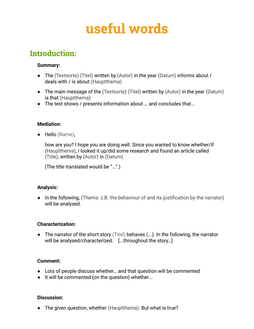 Introduction:
Summary:
The (Textsorte) (Titel) written by (Autor) in the year (Datum) informs about /
deals with / is about (Hauptthema)
• T