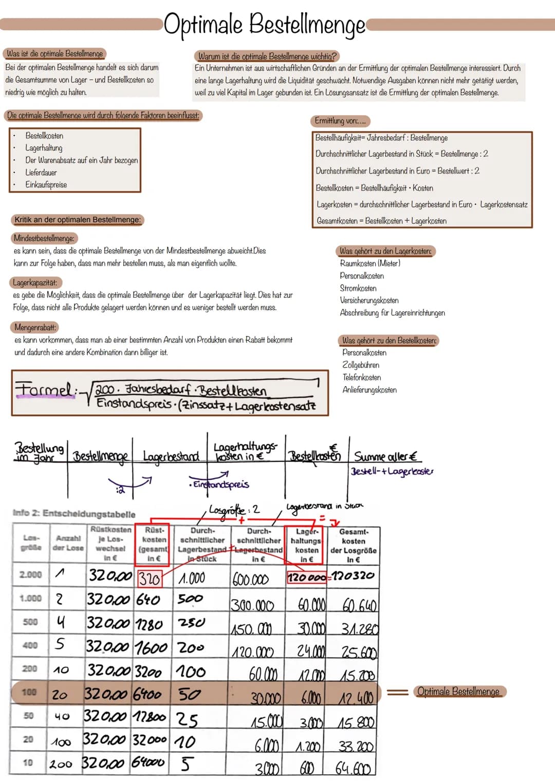 Was ist die optimale Bestellmenge
Bei der optimalen Bestellmenge handelt es sich darum
die Gesamtsumme von Lager- und Bestellkosten so
niedr