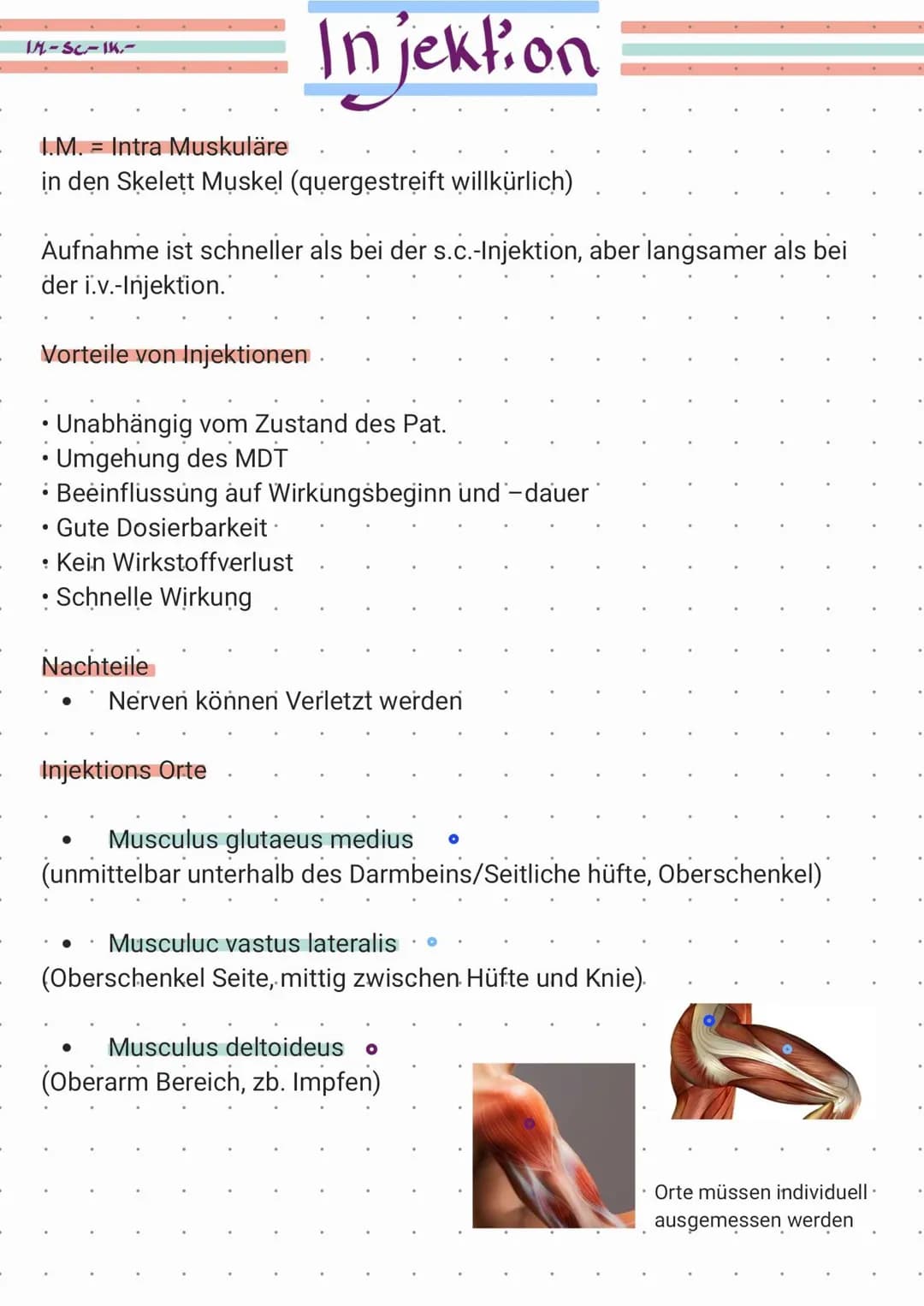 1.4-SC-1K.-
I.M. = Intra Muskuläre
in den Skelett Muskel (quergestreift willkürlich)
Aufnahme ist schneller als bei der s.c.-Injektion, aber