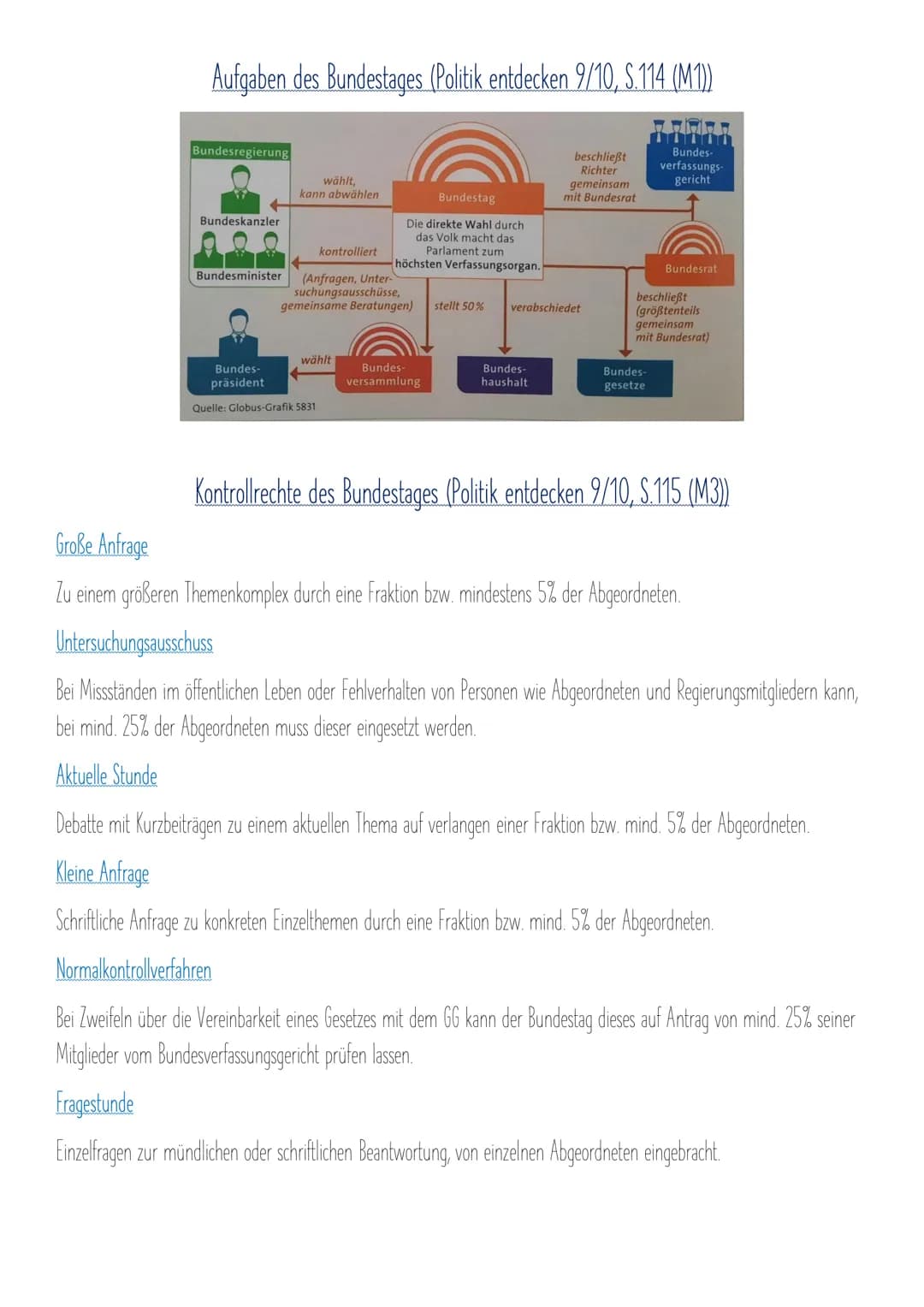 Gemeinschaftskundearbeit Nr.2
Wer trifft im Land die Entscheidungen? (Politik entdecken 9/10, S.110)
Bundestag, Bundespräsident, Bundeskanzl