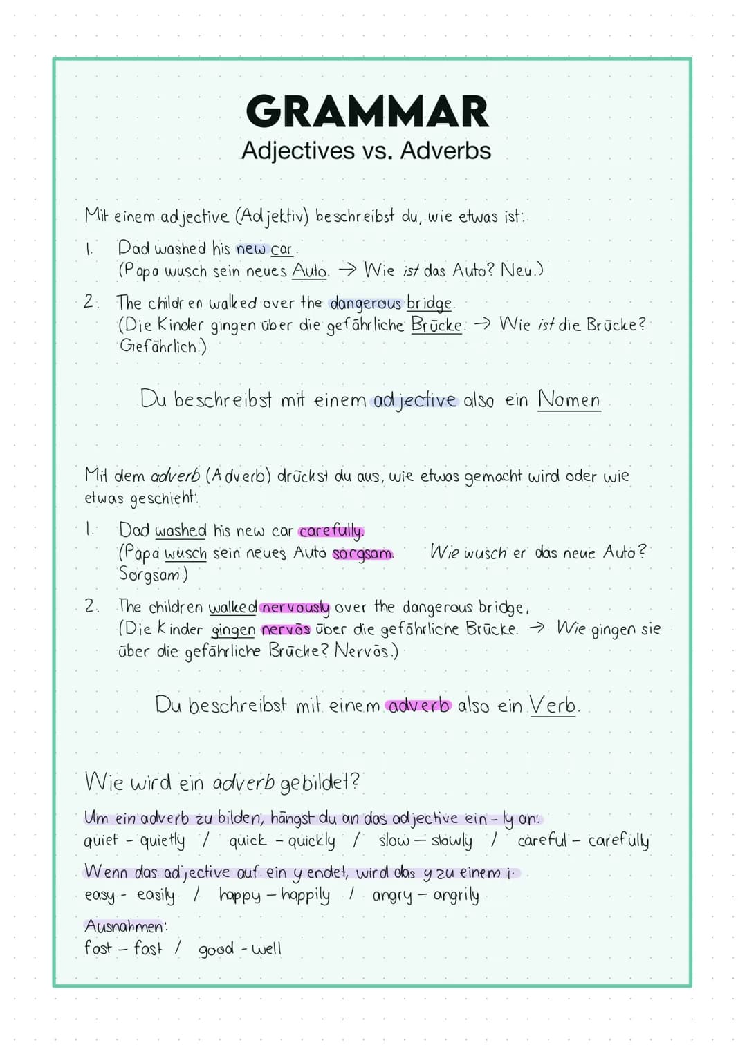 Mit einem adjective (Adjektiv) beschreibst du, wie etwas ist:
1.
Dad washed his new car.
(P
GRAMMAR
Adjectives vs. Adverbs
ap a
wusch sein n