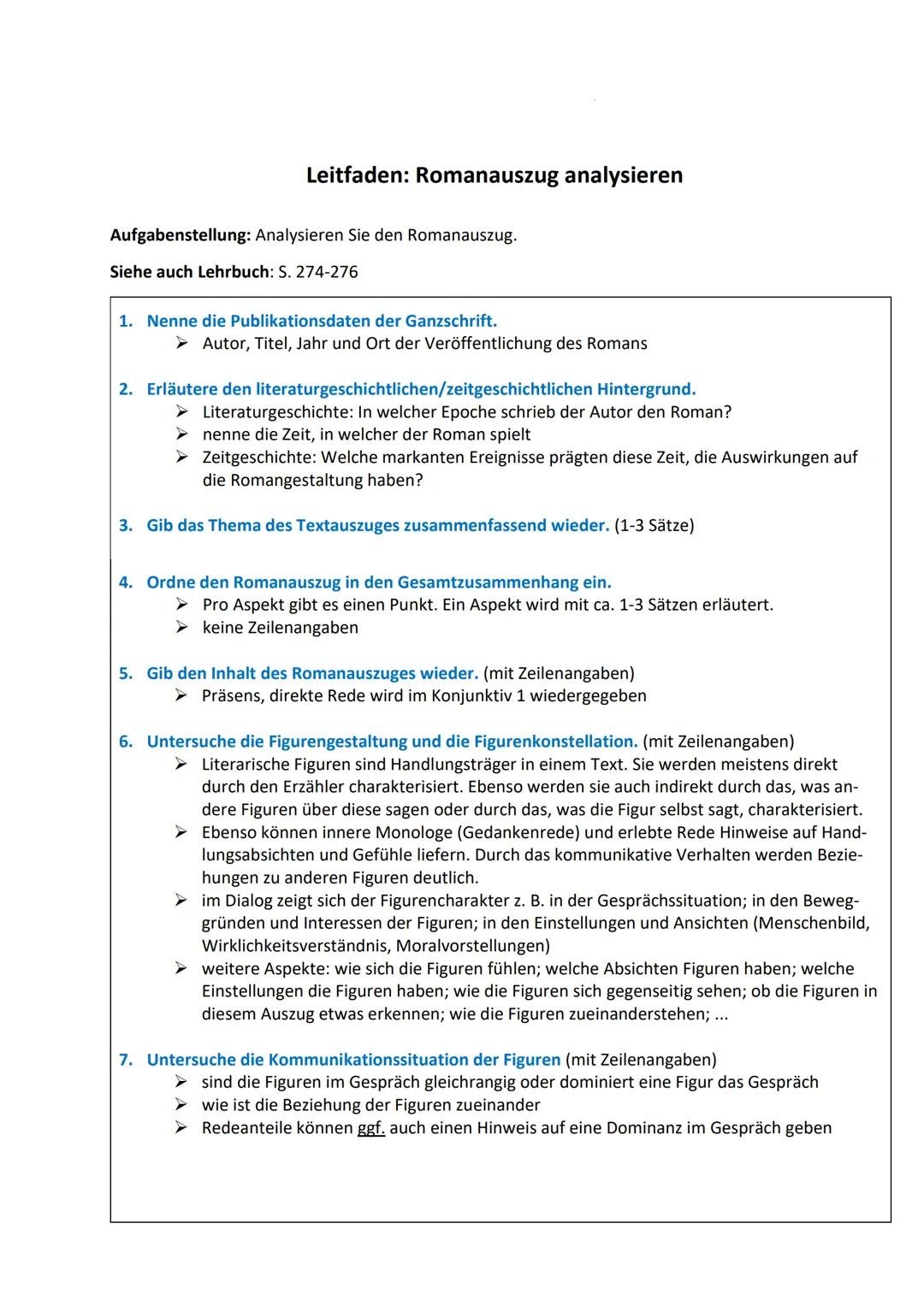 Leitfaden: Romanauszug analysieren
Aufgabenstellung: Analysieren Sie den Romanauszug.
Siehe auch Lehrbuch: S. 274-276
1. Nenne die Publikati