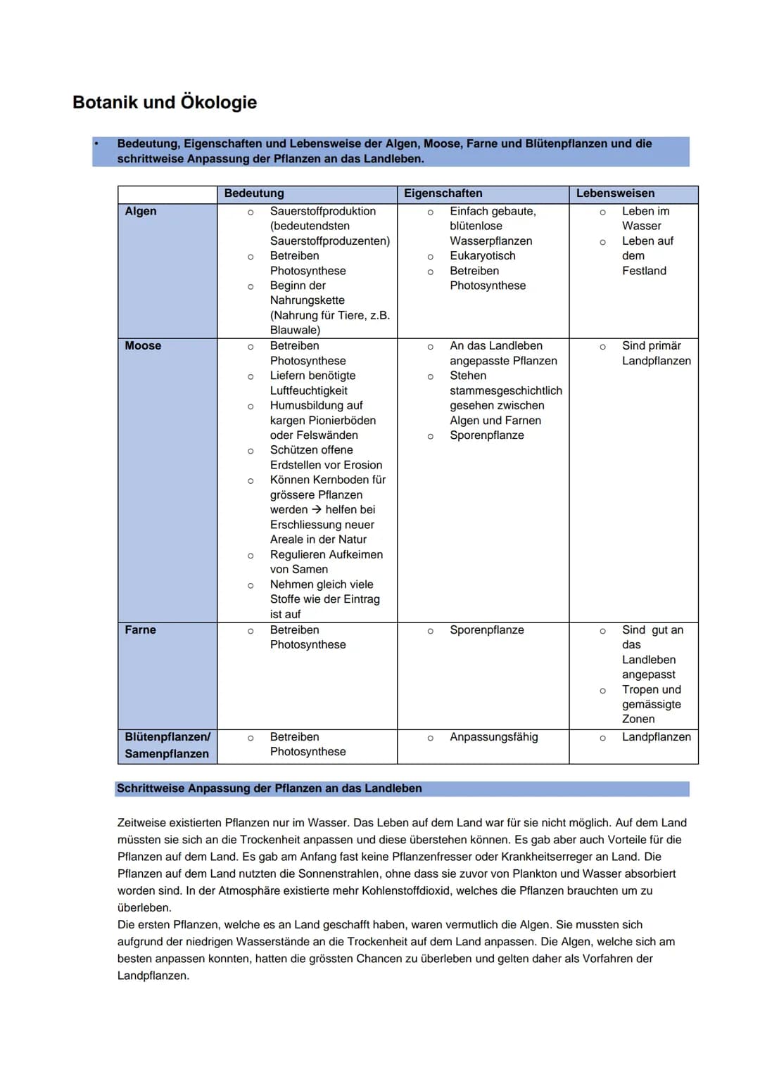 Botanik und Ökologie
Bedeutung, Eigenschaften und Lebensweise der Algen, Moose, Farne und Blütenpflanzen und die
schrittweise Anpassung der 