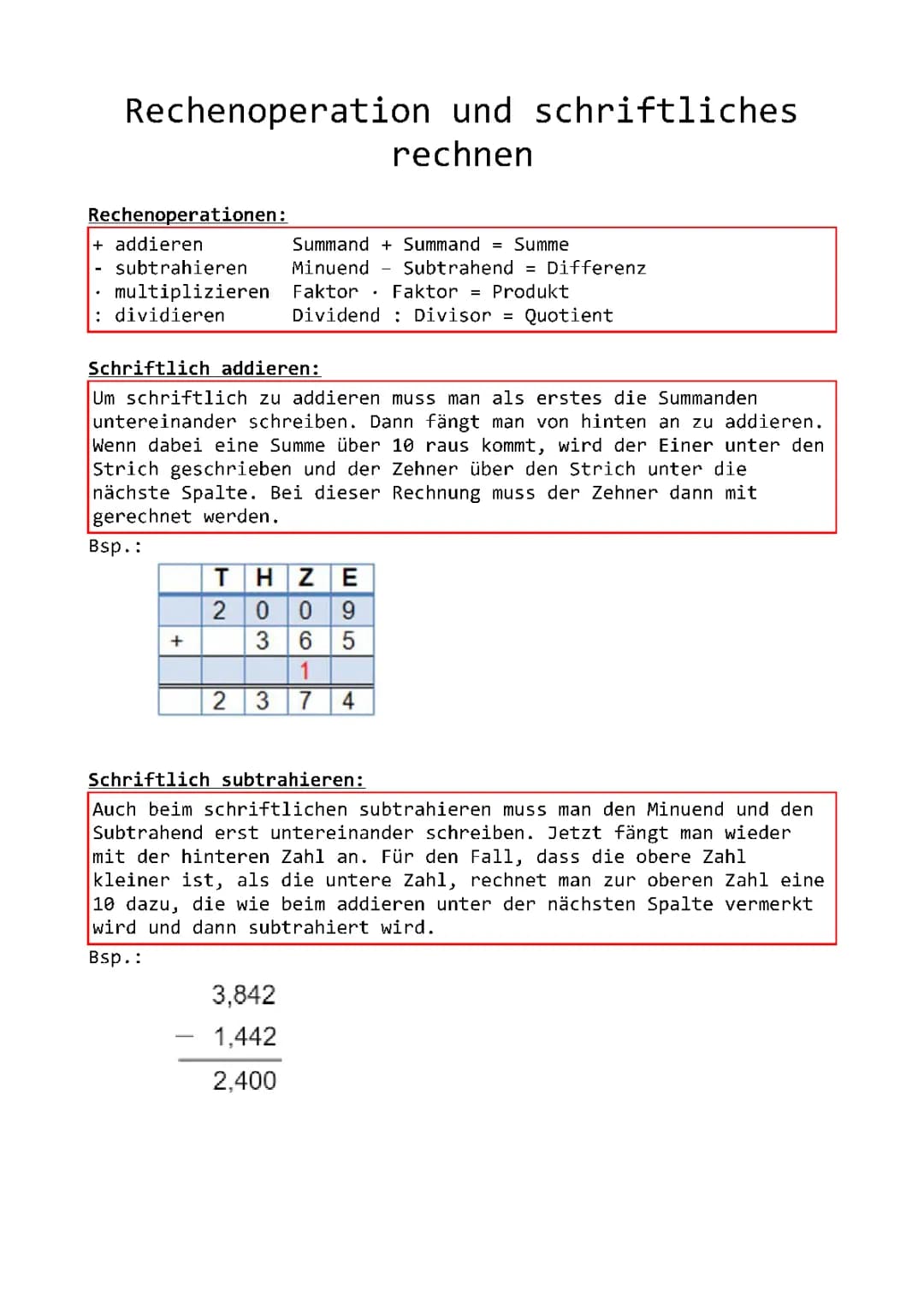 Rechenoperatoren und schriftlich rechnen