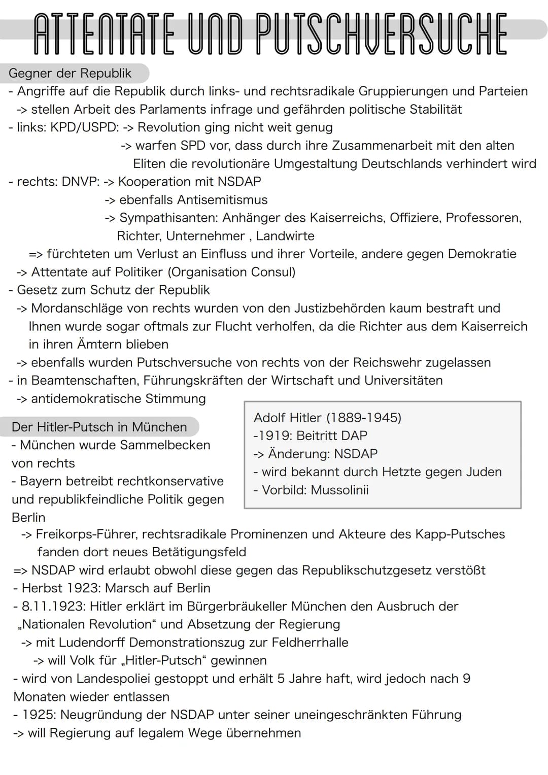 ATTENTATE UND PUTSCHUERSUCHE
Gegner der Republik
- Angriffe auf die Republik durch links- und rechtsradikale Gruppierungen und Parteien
-> s
