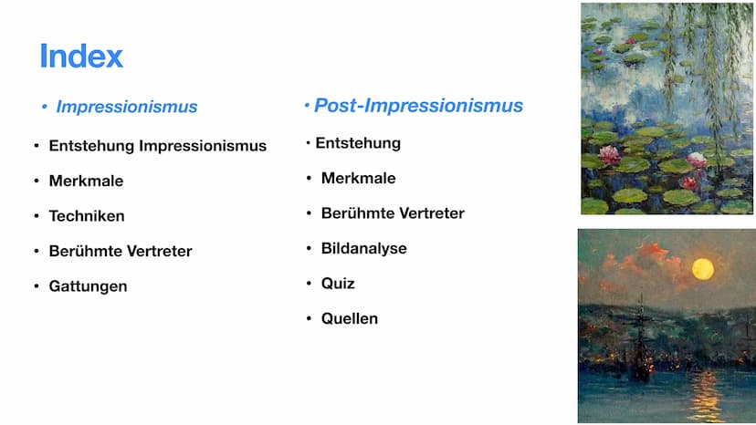 Der Impressionismus
und Post-Impressionismus Sternennacht, Vincent van Gogh 1889 Index
●
●
●
●
Impressionismus
Entstehung Impressionismus
Me