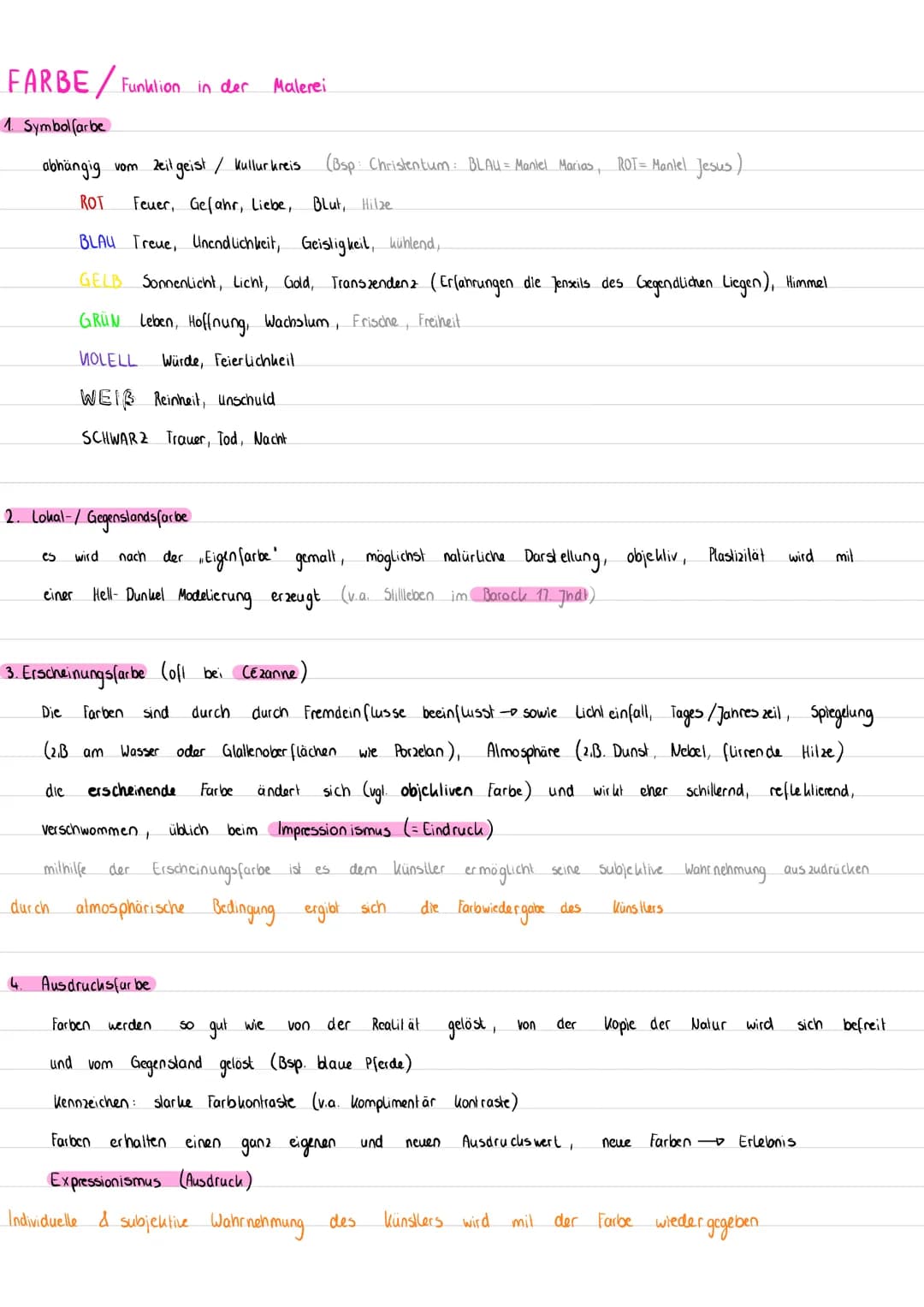 FARBE / Funktion in der Malerei
1. Symbolfarbe
abhängig
einer
2. Lokal- / Gegenslandsforbe
es wird nach der Eigenfarbe gemalt, möglichst nat