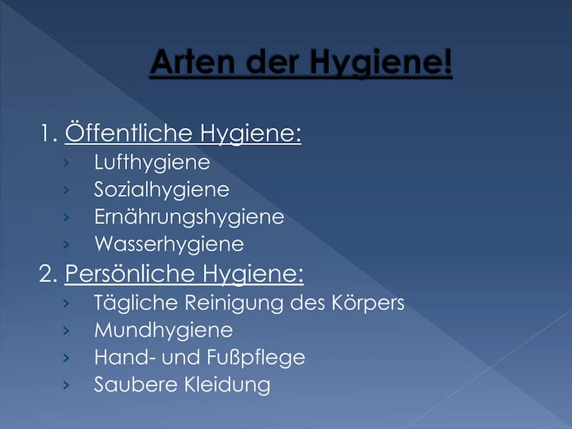 Hygiene
Infektionen
Die Hygiene Gliederung
Was ist Hygiene?
● Hygiene zu Hause und Unterwegs!
Arten der Hygiene!
• Was ist wenn zu viel Hygi