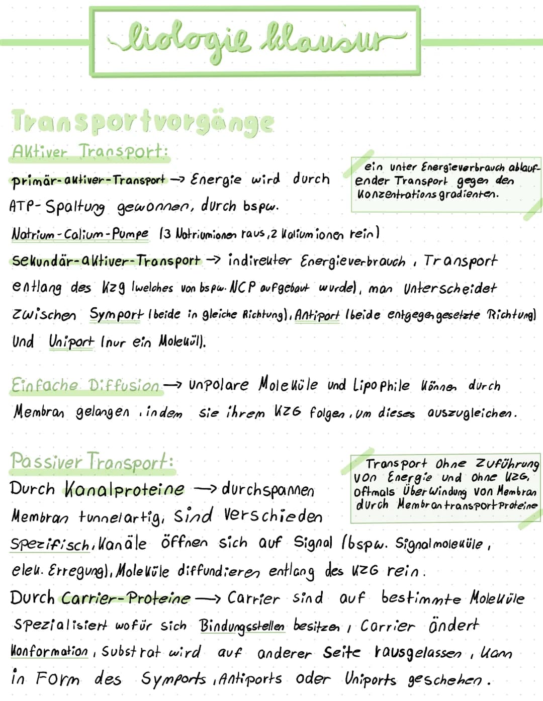 liologie klausur
Transportvorgänge
Aktiver Transport:
ein unter Energieverbrauch ablauf-
ender Transport gegen den
Konzentrations gradienten