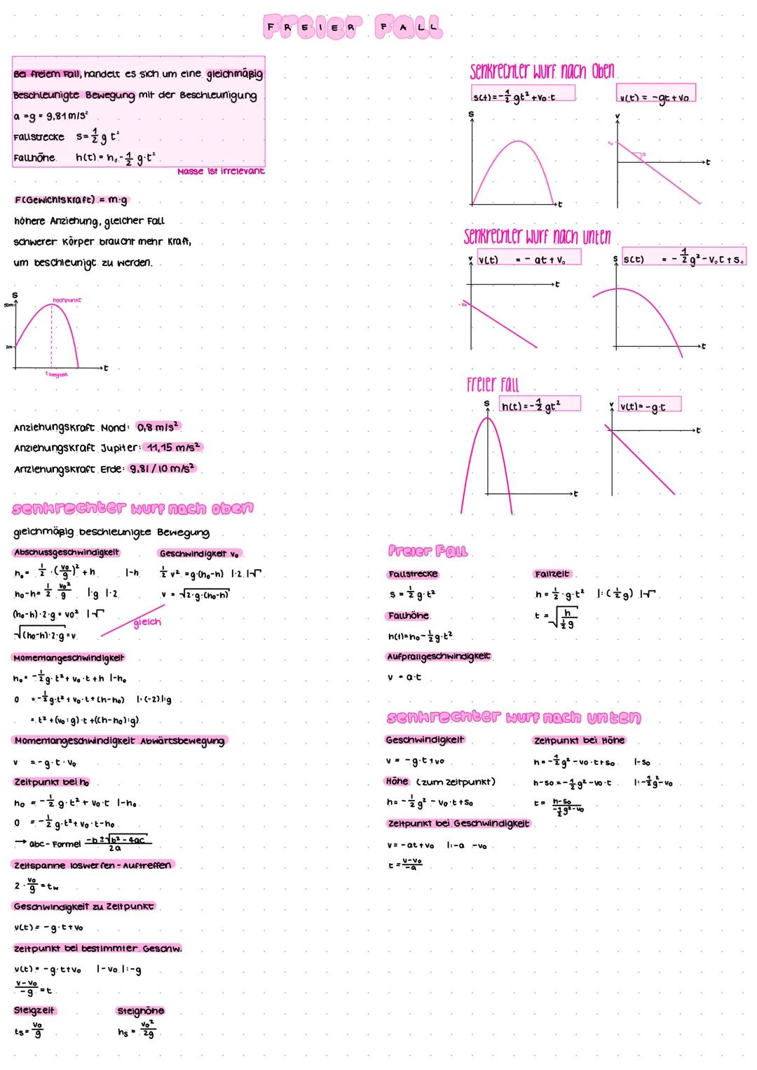 Bei freiem Fall, handelt es sich um eine gleichmäßig
Beschleunigte Bewegung mit der Beschleunigung
a =g=9,81 m/s²
Fallstrecke s=g t
Fallhone