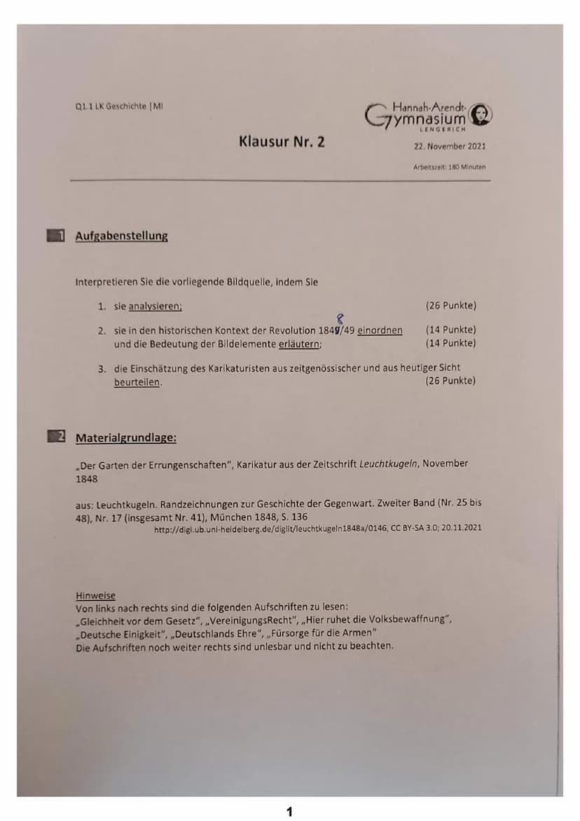 Q1.1 LK Geschichte |MI
Aufgabenstellung
Klausur Nr. 2
Interpretieren Sie die vorliegende Bildquelle, indem Sie
1. sie analysieren;
Hannah Ar