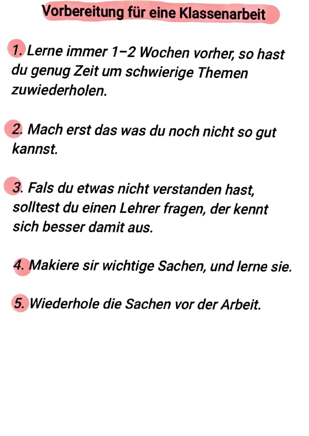 Vorbereitung für eine Klassenarbeit 