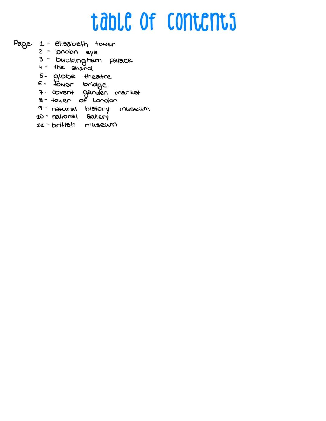 020
HOENDE
XM 145
London sights Page: 1
table of contents
elisabeth tower
2- london eye
3- buckingham Palace
4-
the shard
5-
6-
globe theatr