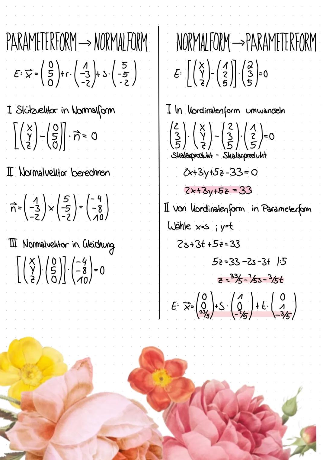 NORMALFORM
[x-a] n-o
S
Stutzvektor Normalvektor
ÜBERBLICK
Ebenengleichungen
PARAMETER FORM
x=3+r·b+s.c
Richlangavefuleren
I
-18x+11y + 5z =d