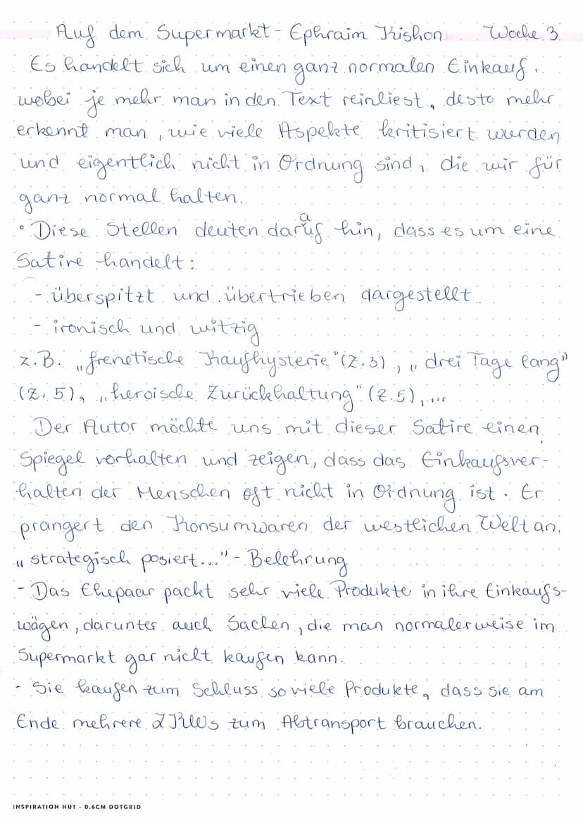 Auf dem Supermarkt Ephraim Kishon Woche 3
Es handelt sich um einen ganz normalen Einkauf.
wobei je mehr man in den. Text reinliest, desto me