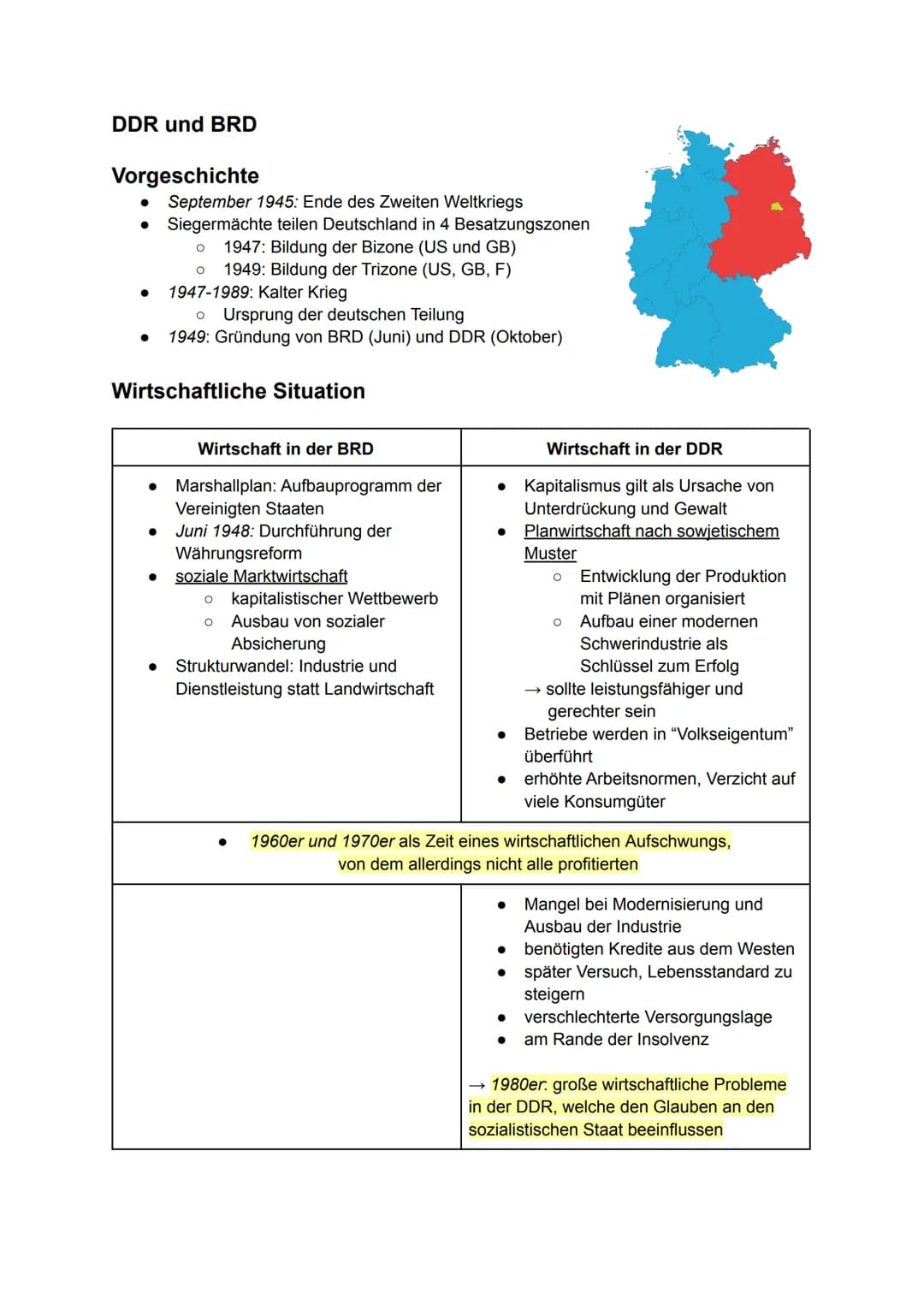 DDR und BRD
Vorgeschichte
September 1945: Ende des Zweiten Weltkriegs
● Siegermächte teilen Deutschland in 4 Besatzungszonen
●
O 1947: Bildu