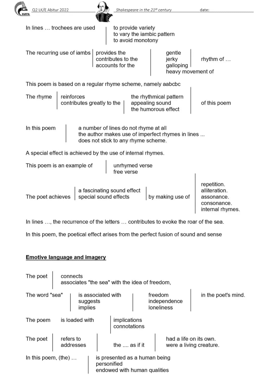 Q2 LK/E Abitur 2022
In lines ... trochees are used
The recurring use of iambs provides the
In this poem
This poem is based on a regular rhym